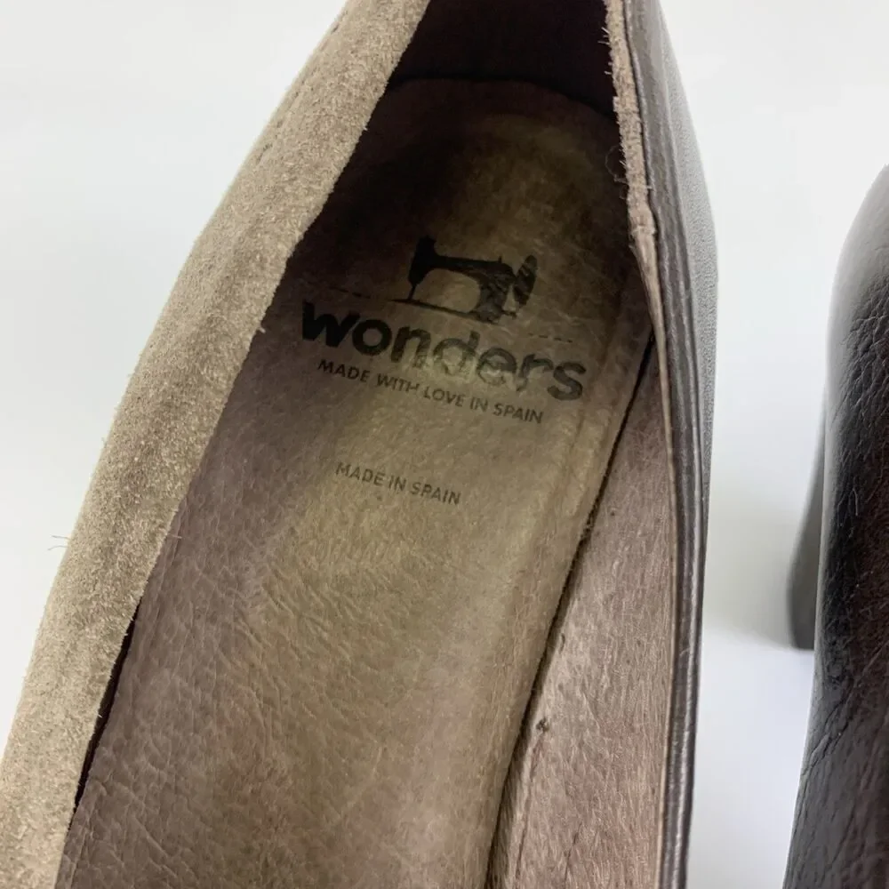 Wonders Leather Pump Slip On Brown Tan Suede Round Toe Block Heel Womens 38 7.5